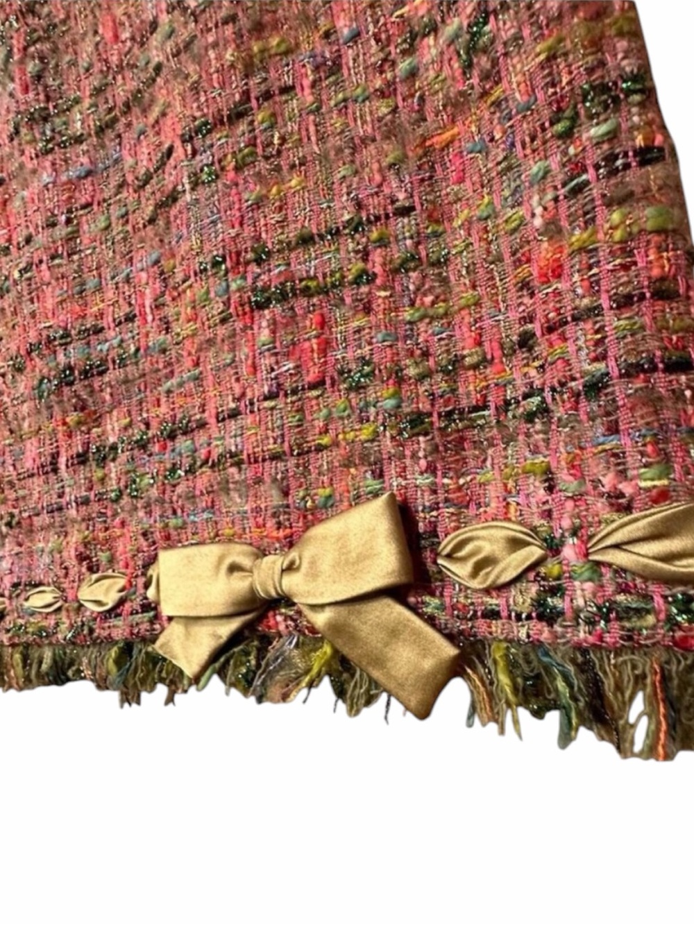 Rickie Freeman Teri Jon Tweed Pencil Skirt Bow Fringe Pink Green‎ Sz 2 - Picture 2 of 13